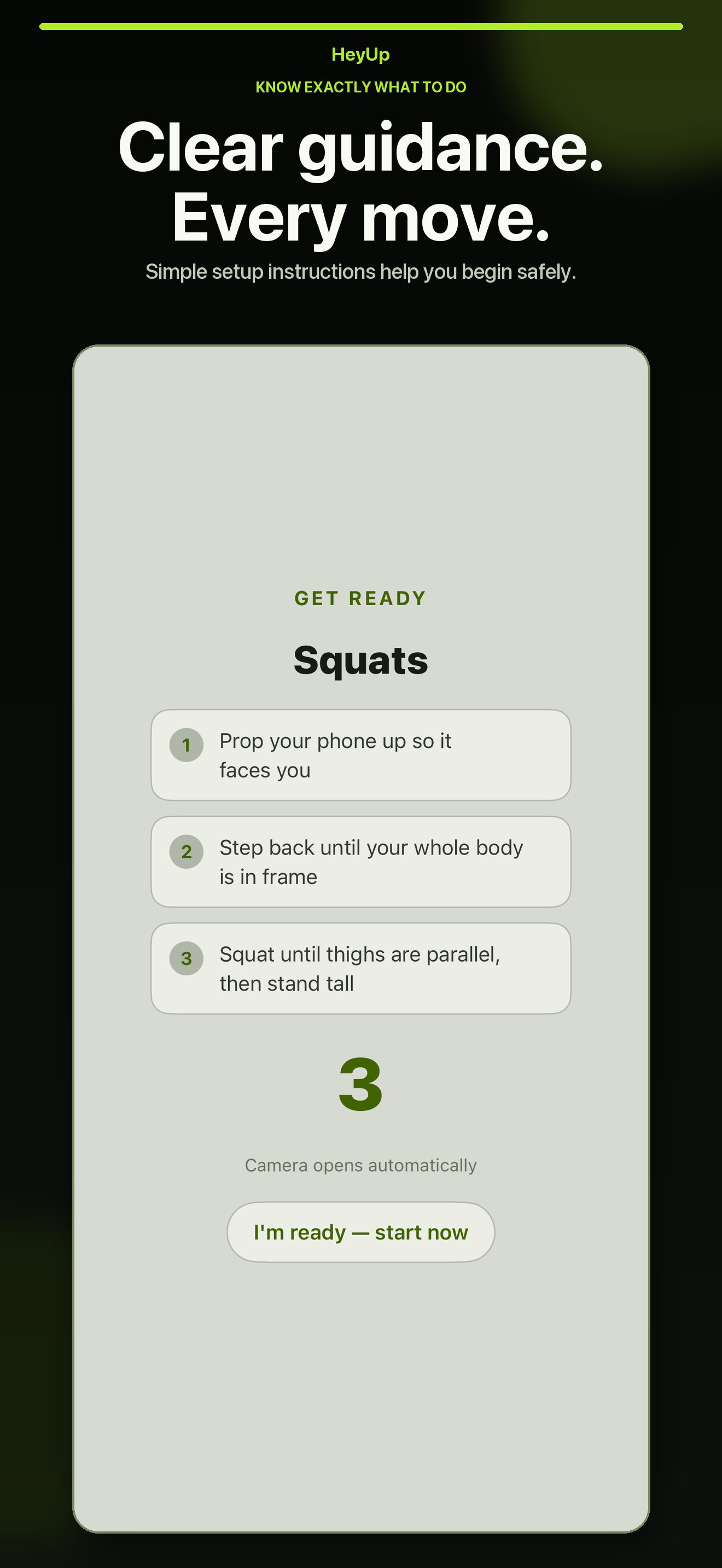 Clear guidance first. screen in the HeyUp app